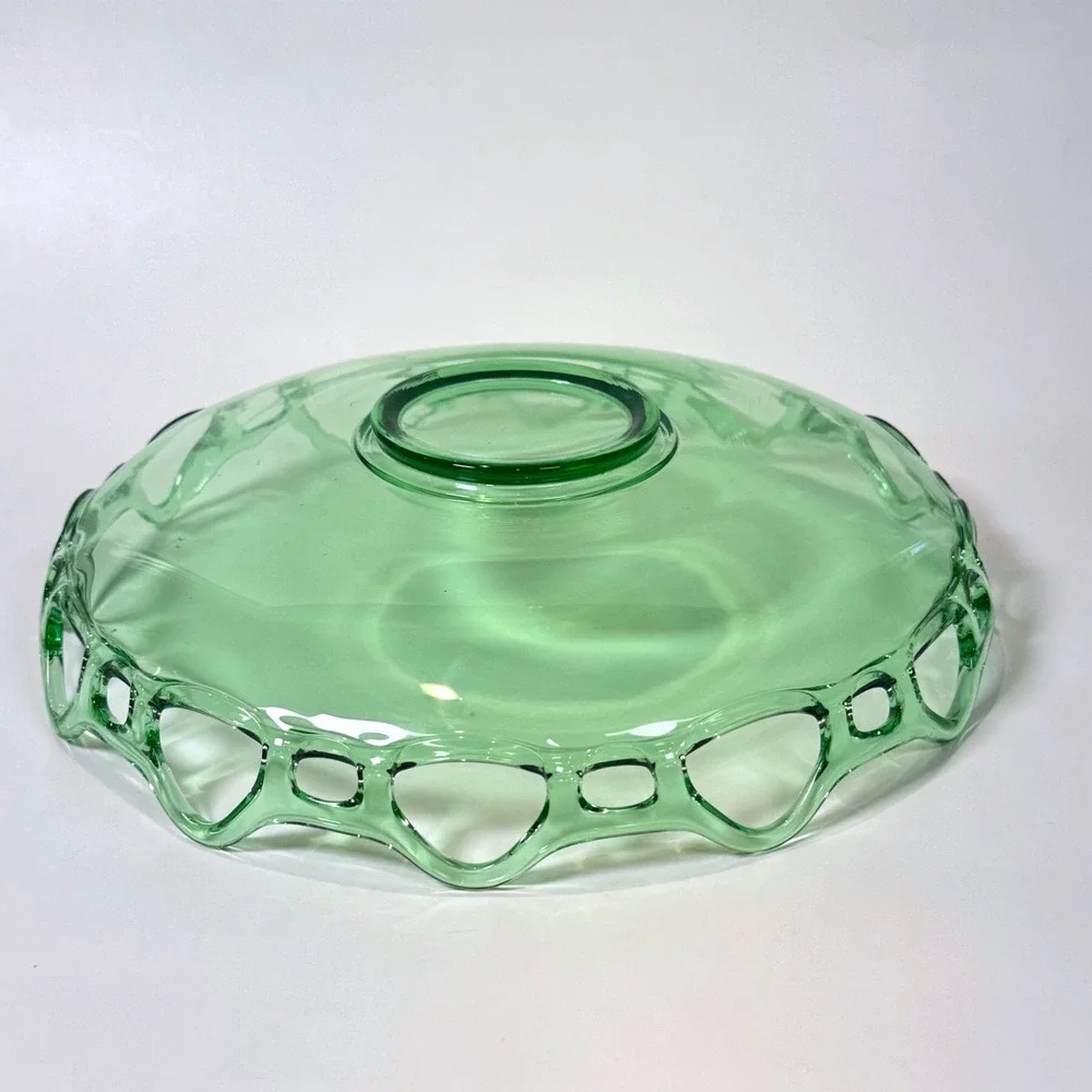 Vintage Green Uranium Glass Bowl Open Lace Edge Depression Glass Glows UV 11.5in